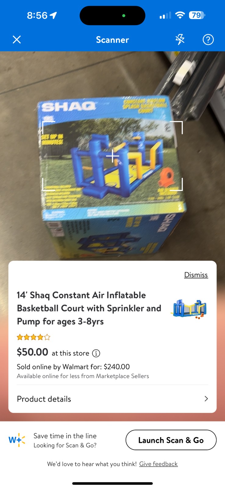 Walmart app scanner showing a Shaq inflatable basketball court at $50 in store while online price is $240.