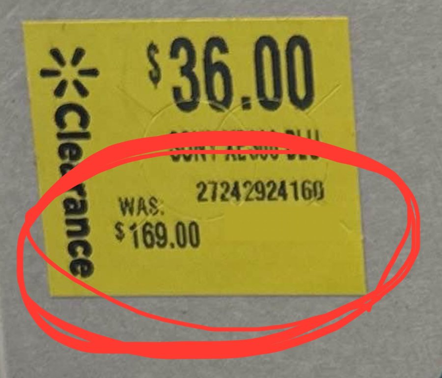 Yellow clearance sticker showing $36 marked down from $169 at Walmart, found by a Deal Soldier member.